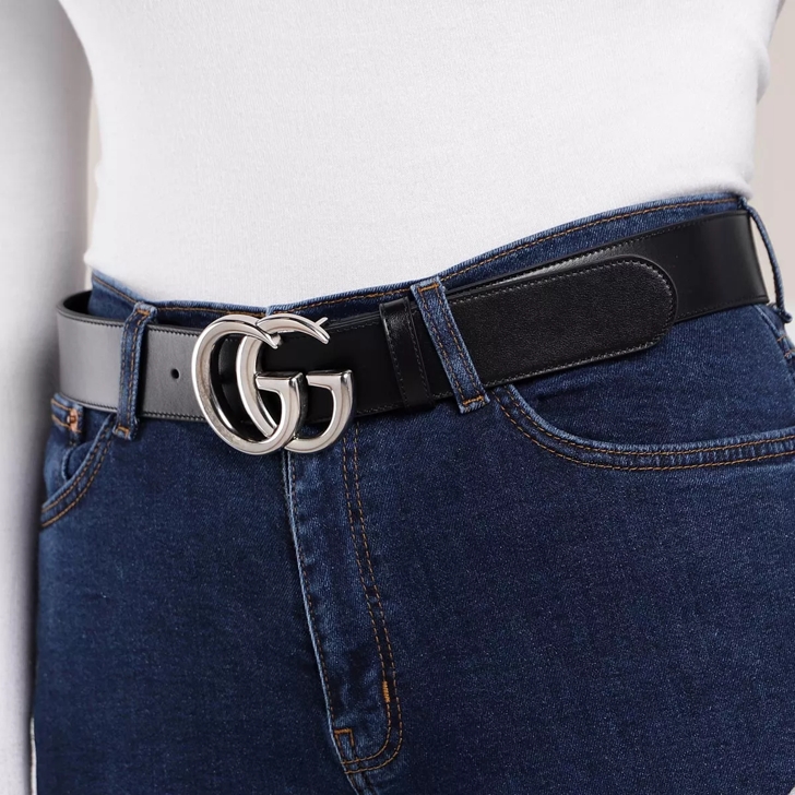 Gucci Wide GG Marmont Belt Black Silver Leather Belt