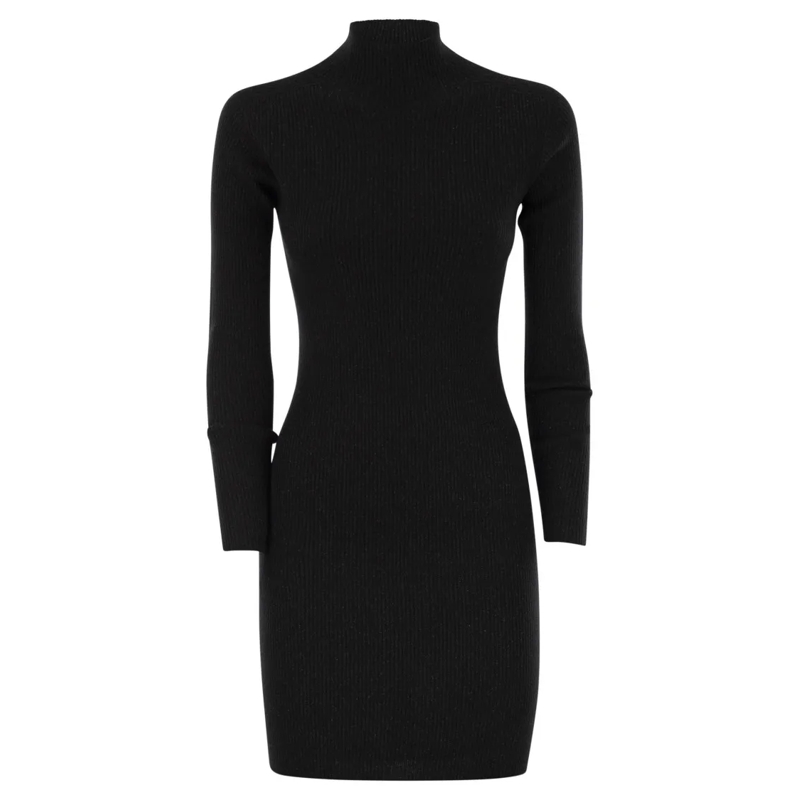 Max Mara Mini-jurk Ribbed Mini Dress With Stand-Up Collar And Lurex D Black