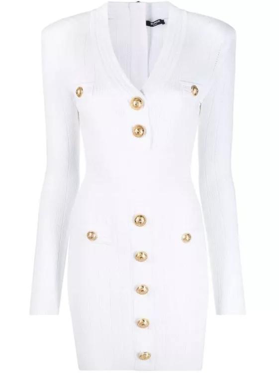 Balmain - Button-Embellished Ribbed-Knit Minidress - Größe 38 - white