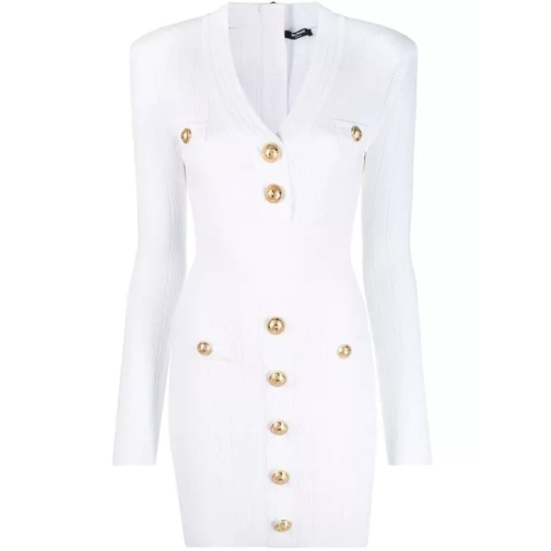 Balmain Button-Embellished Ribbed-Knit Minidress White 