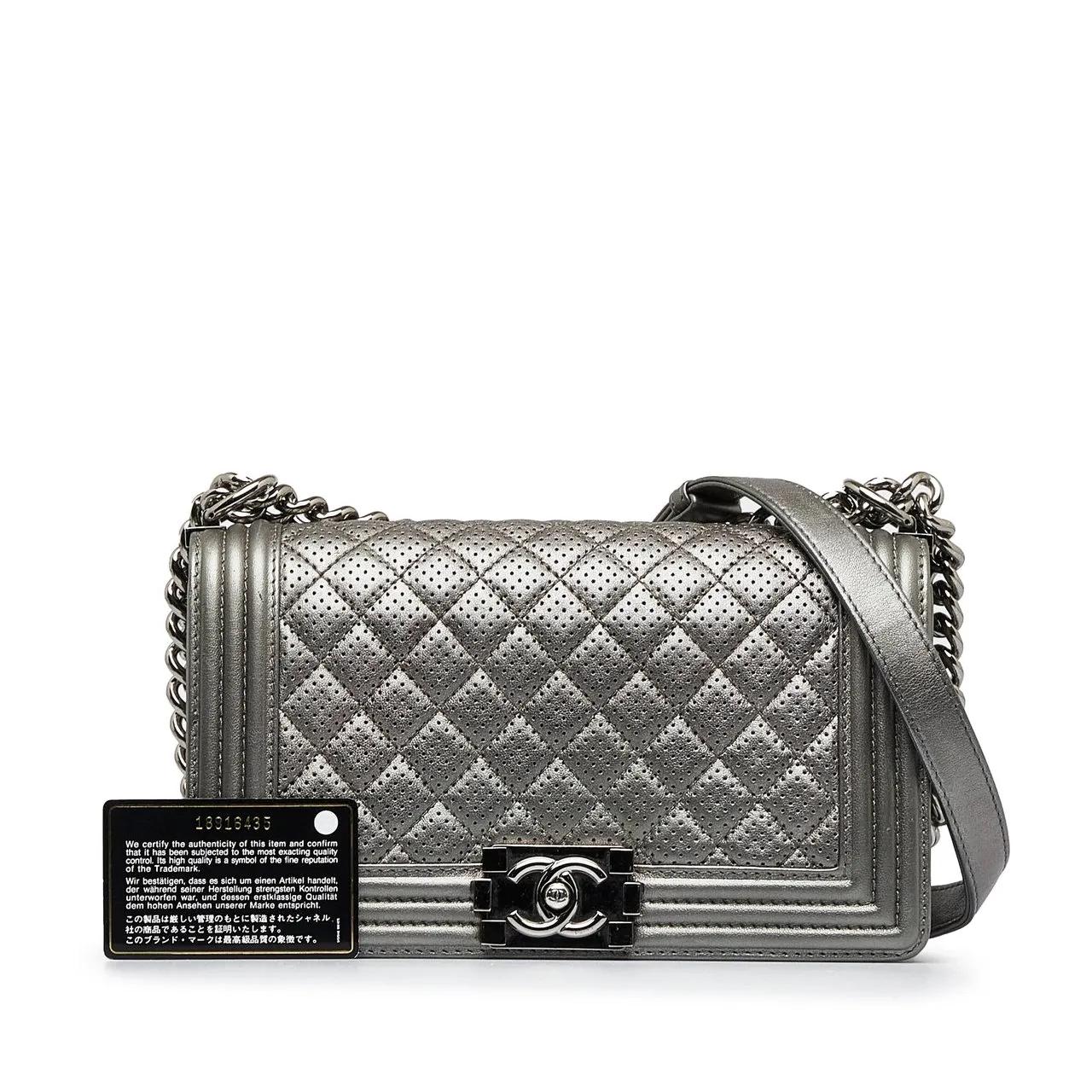 Chanel Hobo bags Medium Perforated Lambskin Boy Flap in zilver
