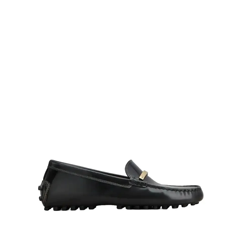 Tod's Ballerinas Polished Calfskin Moccasins With Metallic Bar Acce Black