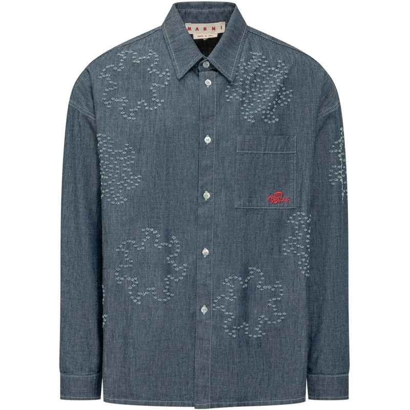 Marni Haut décontracté Camicia Denim con Ricami e Tasca Applicata blau