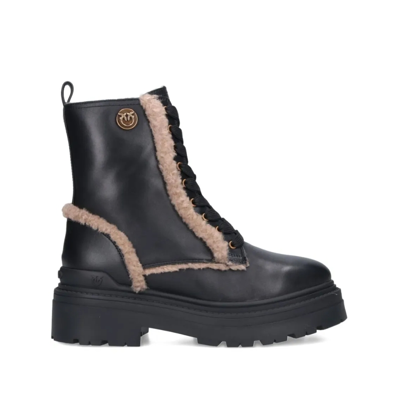 Pinko Bottes Ankle Boots With Beige Shearling Trim Black