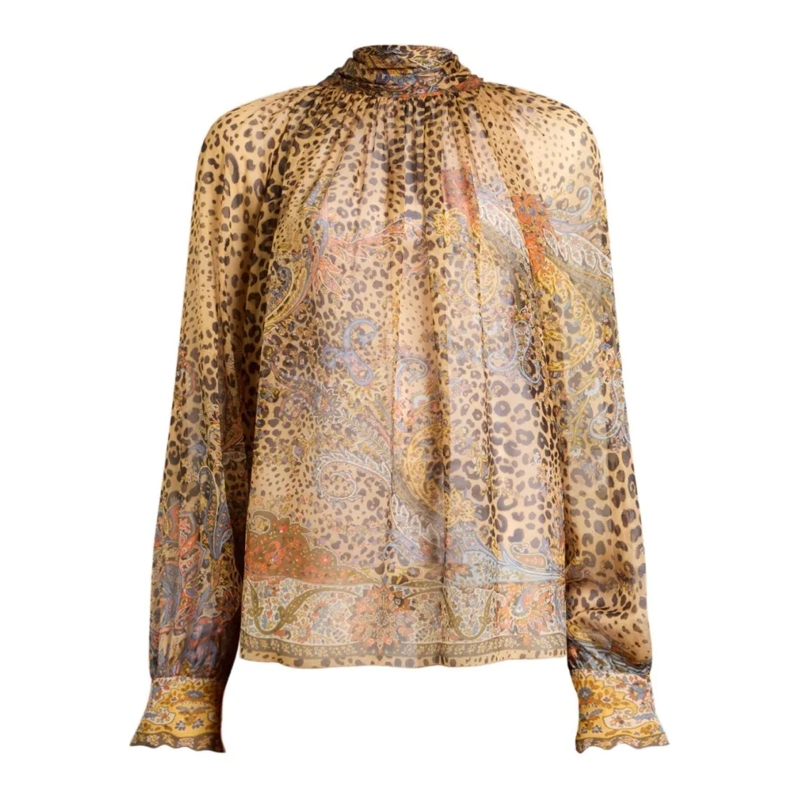 Etro Blouse Leopard Print Silk Blouse With Paisley Patterns Brown