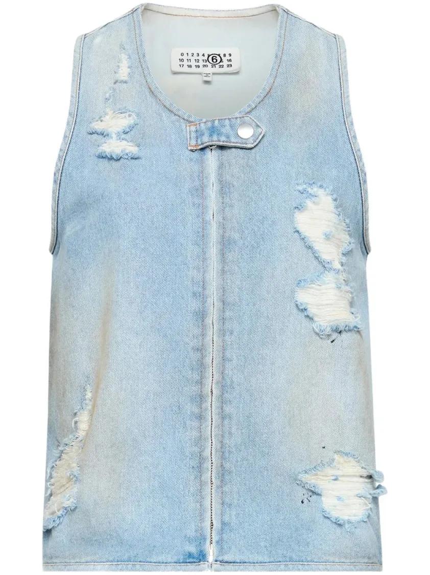Thumbnail - MM6 Maison Margiela - Distressed Effect Waistcoat - Größe 42 - blau