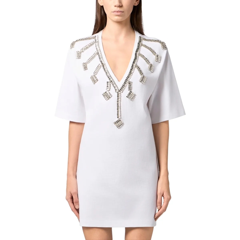 Philipp Plein Midikleid V-Neck T-Shirt Dress Crystal Fringes weiss(Image 3)