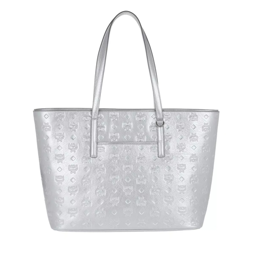 MCM Anya Monogrammed Metallic Shopping Bag Medium Disco Silver Borsa da shopping